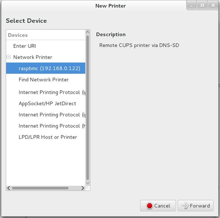 Fedora New Printer setup dialog