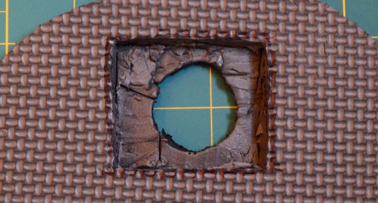 Hole to set screen into foam, viewed from back side