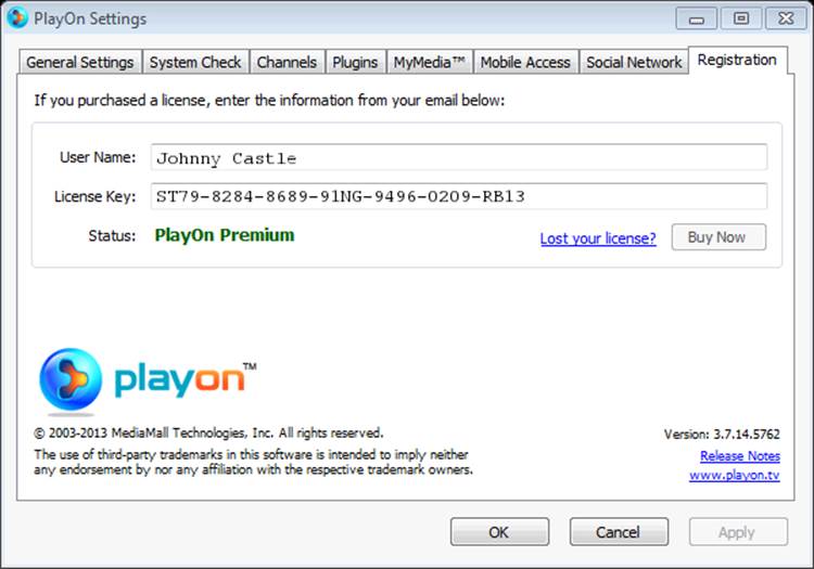 PlayOn registration dialog