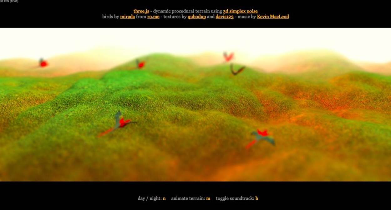 Dynamic procedural terrain example, rendered with several post-processing passes—programming by AlteredQualia; birds by Mirada (of RO.ME fame)