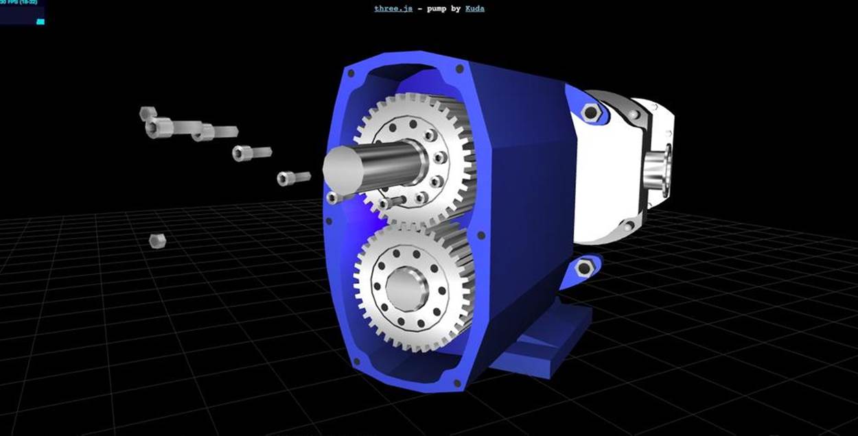 Articulated animation: the inner workings of a pump using key frames with a transform hierarchy (COLLADA model created with the Kuda open source authoring system)
