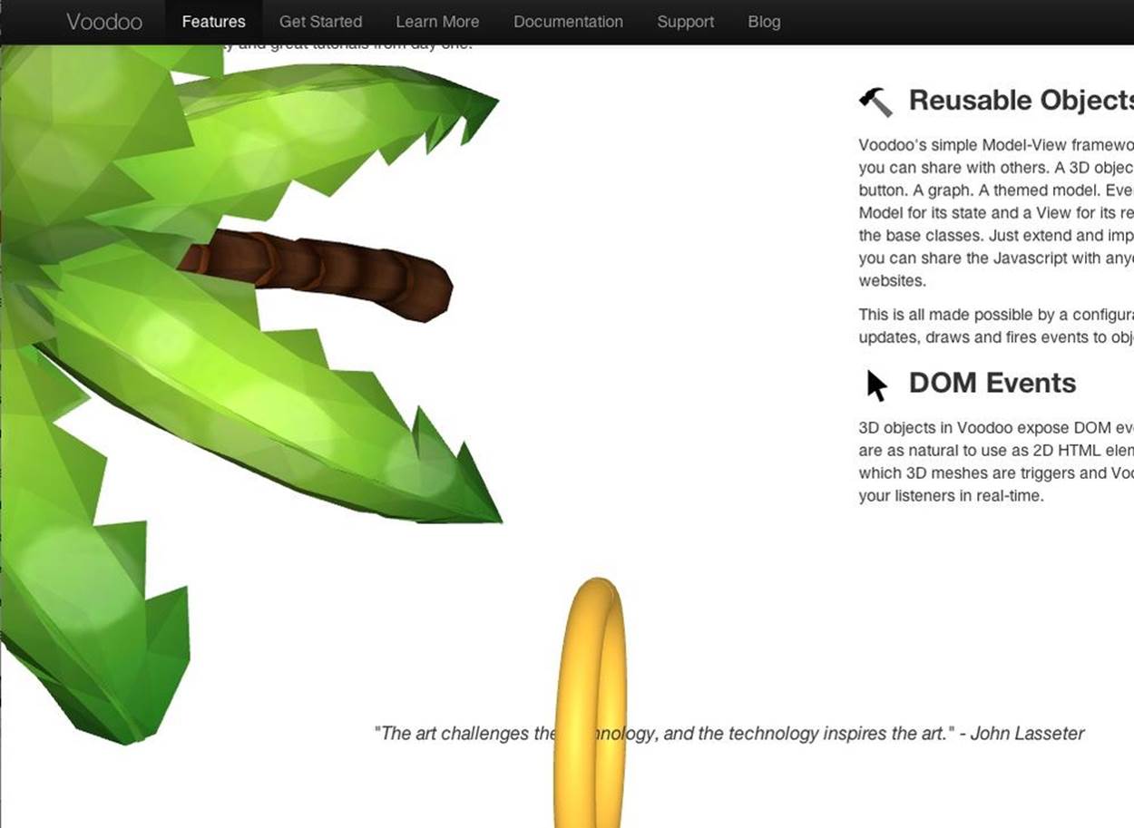 The Voodoo.js home page, featuring several embedded 3D objects