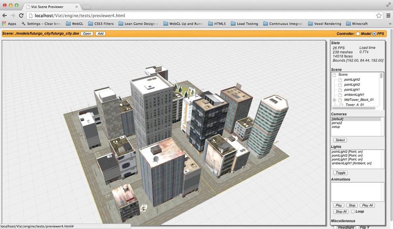 The city environment displayed in the Vizi previewer