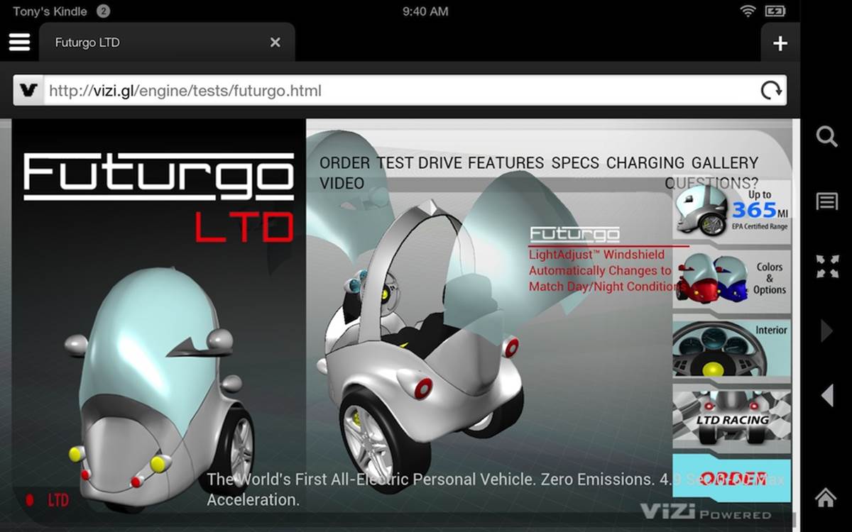Futurgo application on the Kindle Fire HDX