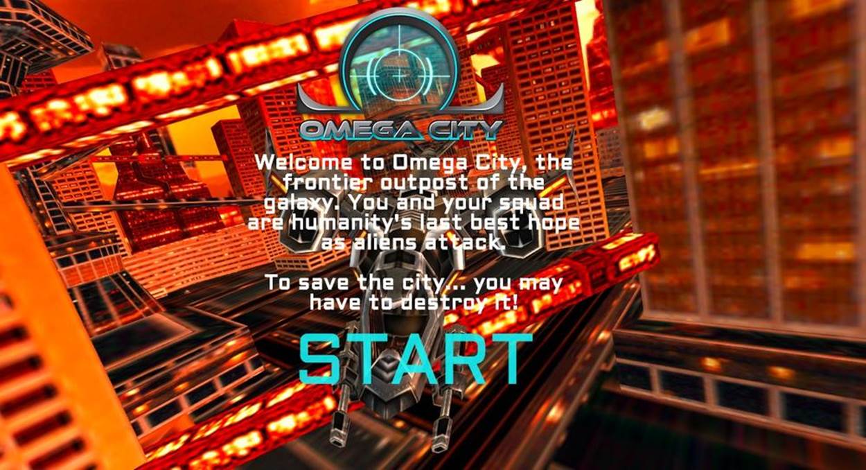 Omega City game start screen: 2D art and design by GameSalad, virtual city scene courtesy of 3DRT, and sounds from FreeSound; all rights reserved