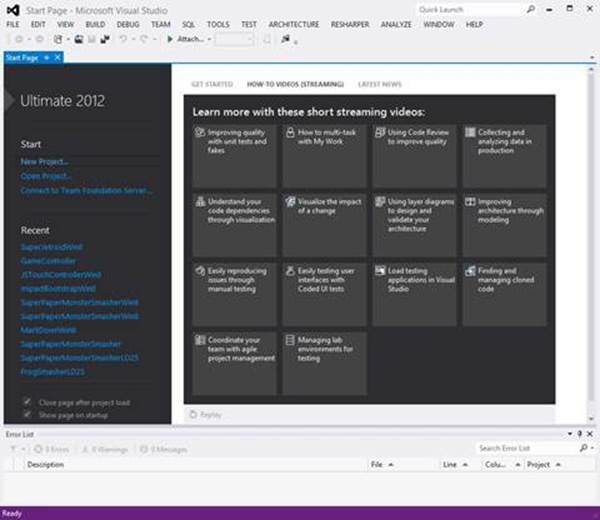 Visual Studio’s start screen.