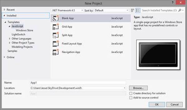 Creating a new project from a template in Visual Studio.