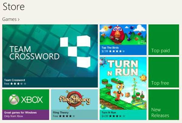 The front page of the Windows Store has a dedicated Games section with features, top paid, top free, and new releases.