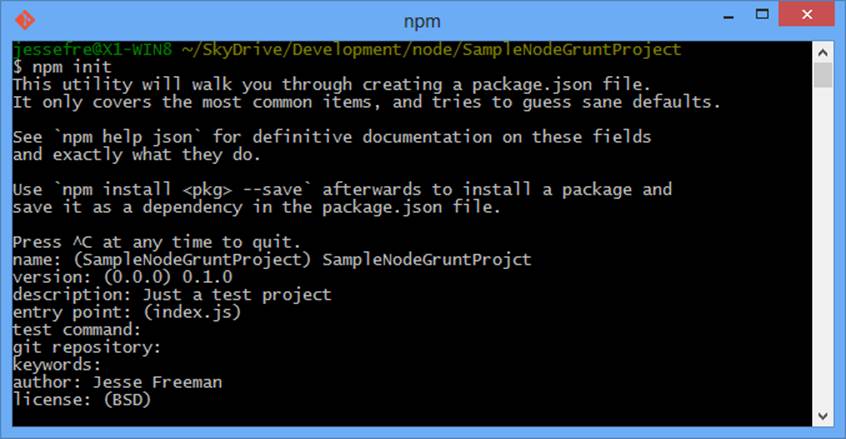 The NPM init wizard will walk you through creating a project.json file.