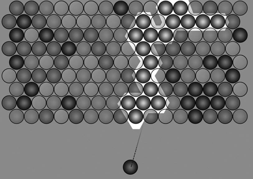 The blue bubble is fired at the group, creating a match, and all of the highlighted bubbles will pop.