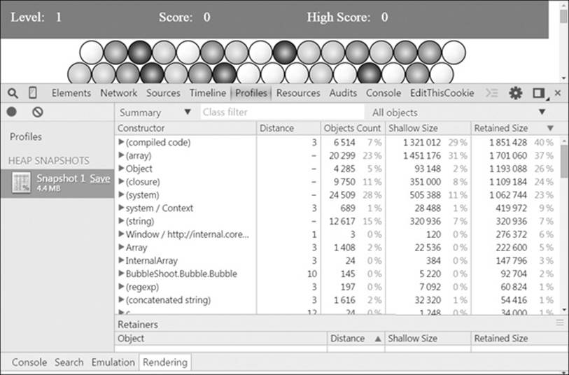 A snapshot of Bubble Shooter in memory, as displayed by the Chrome browser tools