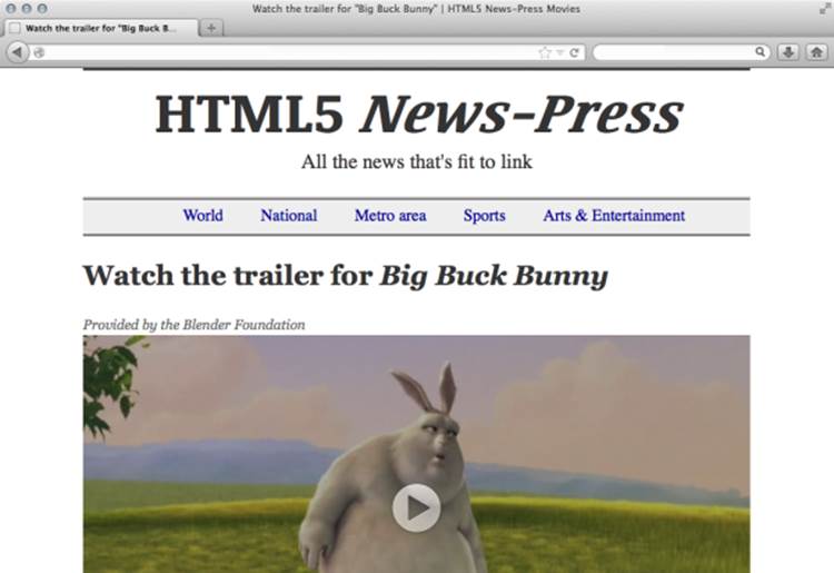 An example of a video element with controls in Firefox. Image from Big Buck Bunny by the Blender Foundation.