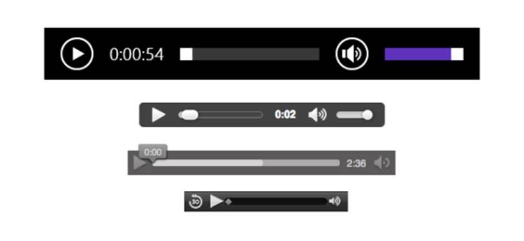 Default audio players in (from top to bottom) Internet Explorer 11, Chrome 30, Firefox 27, and Safari 6.0.5