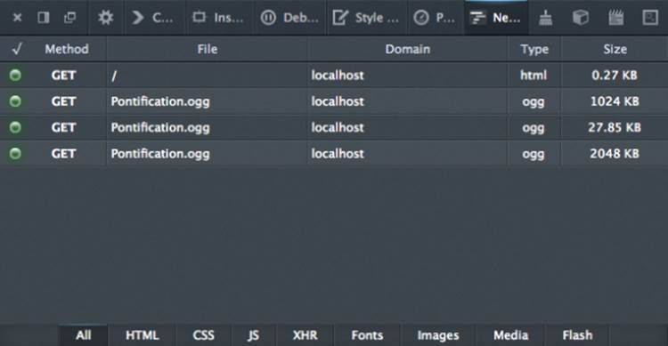 Requests for Pontification.ogg when preload="auto" as shown in Firefox's developer tools