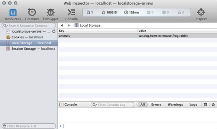 An array saved to web storage as a string in Safari’s developer tools