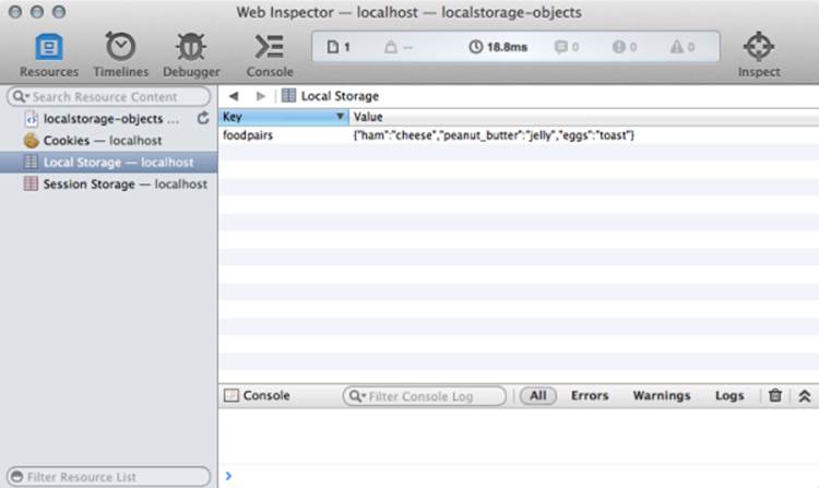 Using JSON.stringify() to save an object to web storage in Safari’s developer tools