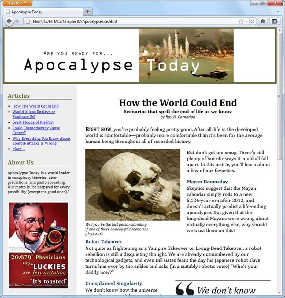 Here, the single-page article you considered previously has been placed in a complete content-based website. A site header caps the page; the content is underneath; and a sidebar on the left provides navigation controls, “About Us” information, and an image ad.