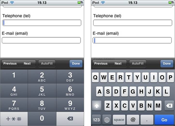 When people use a mobile device to fill out a form, they don’t have the luxury of entering information on a full keyboard. The iPod makes life easier by customizing the virtual keyboard depending on the data type, so telephone numbers get a telephone-style numeric keypad (left), while email addresses get a dedicated @ button and a smaller space bar (right).