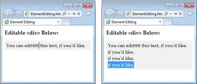 When you click in an editable region, you can move around using the arrow keys, delete text, and insert new content (left). You can also select text with the Shift key and then copy, cut, and paste it (right). It’s a bit like typing in a word processor, only you won’t be able to escape the confines of the <div> to get to the rest of the page.