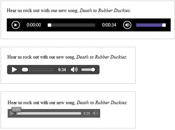 Here’s what playback controls look like on three browsers: Internet Explorer (top), Google Chrome (middle), and Firefox (bottom).