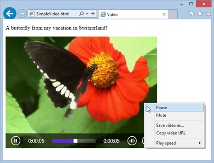 The <video> element could easily be mistaken for a Flash video window. But if you right-click the <video> element, you’ll get a simpler menu that includes the option to save the video file to your computer. Depending on the browser, it may also include commands for changing the playback speed, looping the video, taking it full screen, and muting the sound.