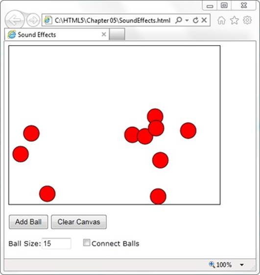 This web page runs a simple animation on a canvas. The visitor can click a button to add a new ball (which then falls down and bounces around the drawing surface). Or, the visitor can click a ball to send it bouncing in a new direction.