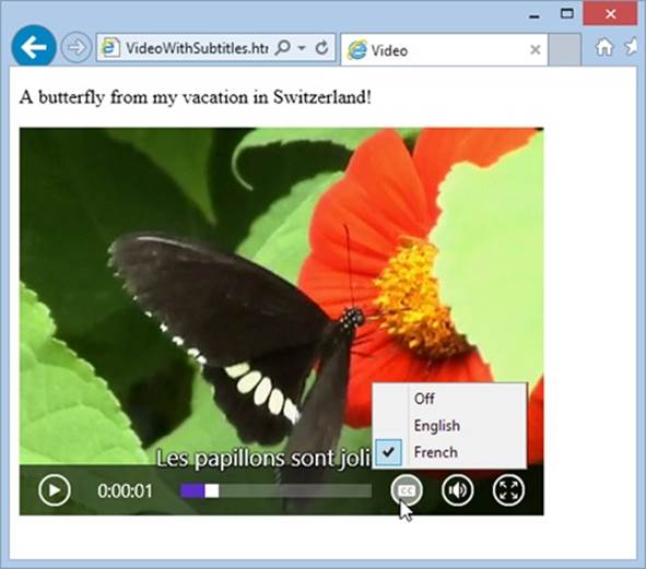 Browsers that support the <track> element add a caption-picking button like this one. Using it, the viewer can switch tracks or turn captions off altogether.