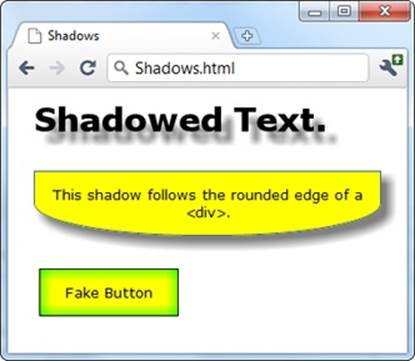 Shadows can make text float (top), boxes pop out (middle), or buttons look glowy (bottom).