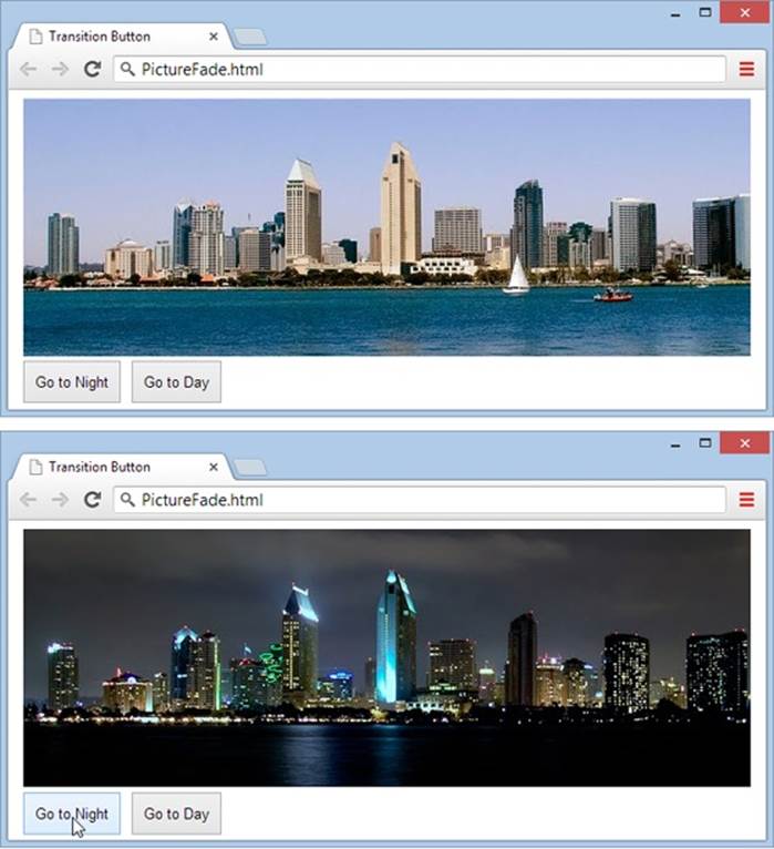 Initially, the image with the night skyline is completely transparent (top). But click the To Night button and the night image fades in, gradually blotting out the day skyline (bottom).