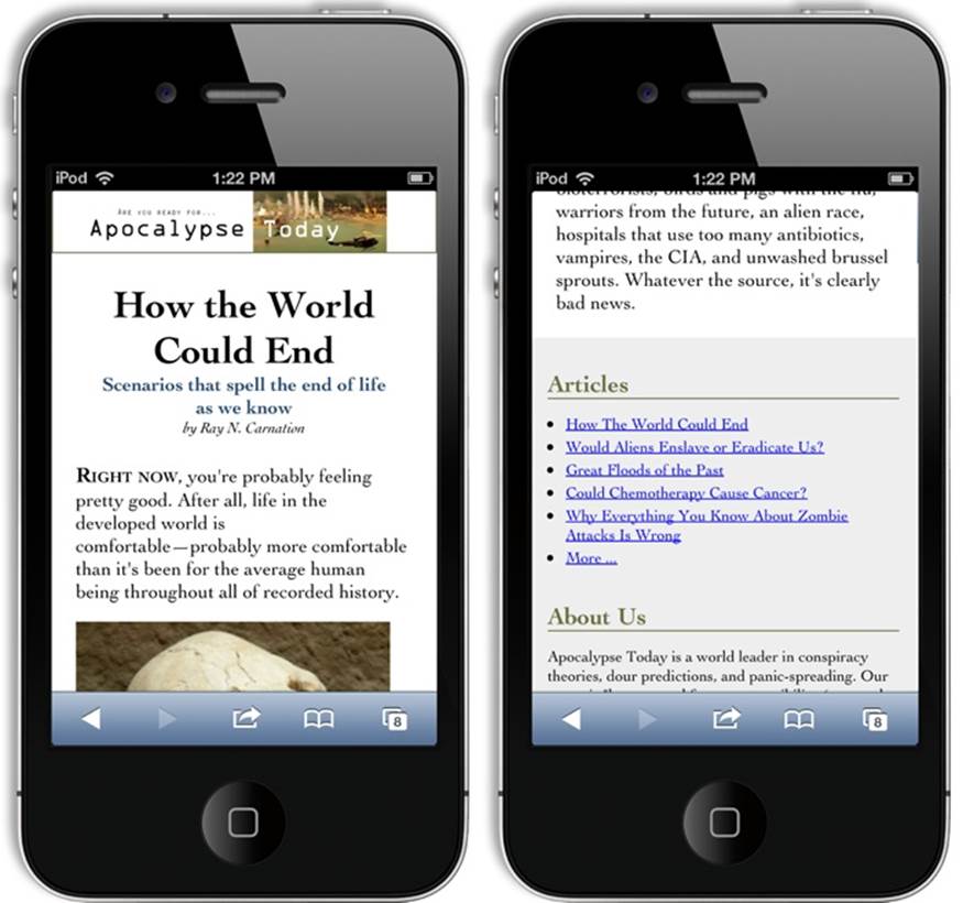 Here are two snapshots of the mobile version of the ApocalypseSite.html page. The page starts with a small site header, followed by the article content (left). The article links and ad block from the sidebar are placed after the article footer (right).