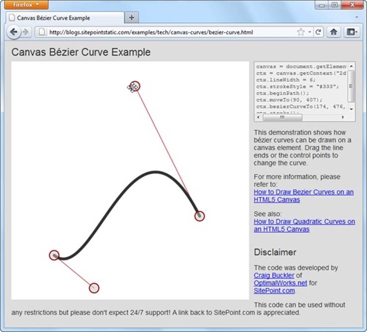 This page (found at ) lets you tweak all the details of a Bézier curve by clicking and pulling with the mouse. Best of all, as you drag the starting point, control points, and end point, the page generates the corresponding snippet of HTML5 canvas code that you can use to create the same curve on your own canvas. You can find a similarly great test page for quadratic curves at .