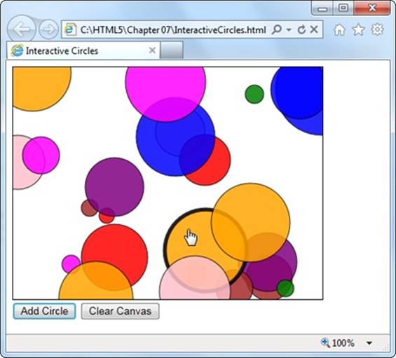 This circle-drawing program is interactive. You can click to select a circle (at which point it becomes highlighted with a different border color) and drag it to a new position.