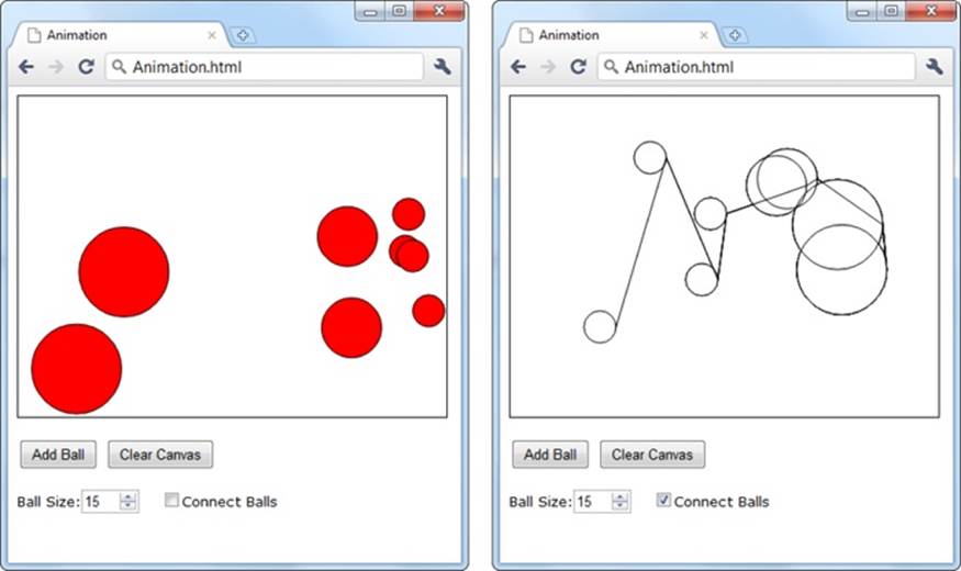 This test page lets you add as many balls as you want. You can choose the size of each ball (the default is a 15-pixel radius), and you can switch on connecting lines (shown on right). Once added, each ball begins its own independent journey, falling down and picking up speed until it collides with the bottom of the canvas and bounces off somewhere else.