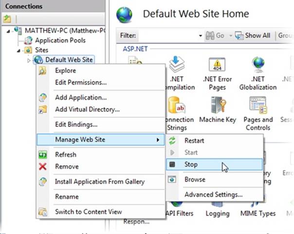 The exact way you shut down your test website depends on the type of web server software you’re using. In the Windows-based IIS software (shown here), a simple right-click gets you started.