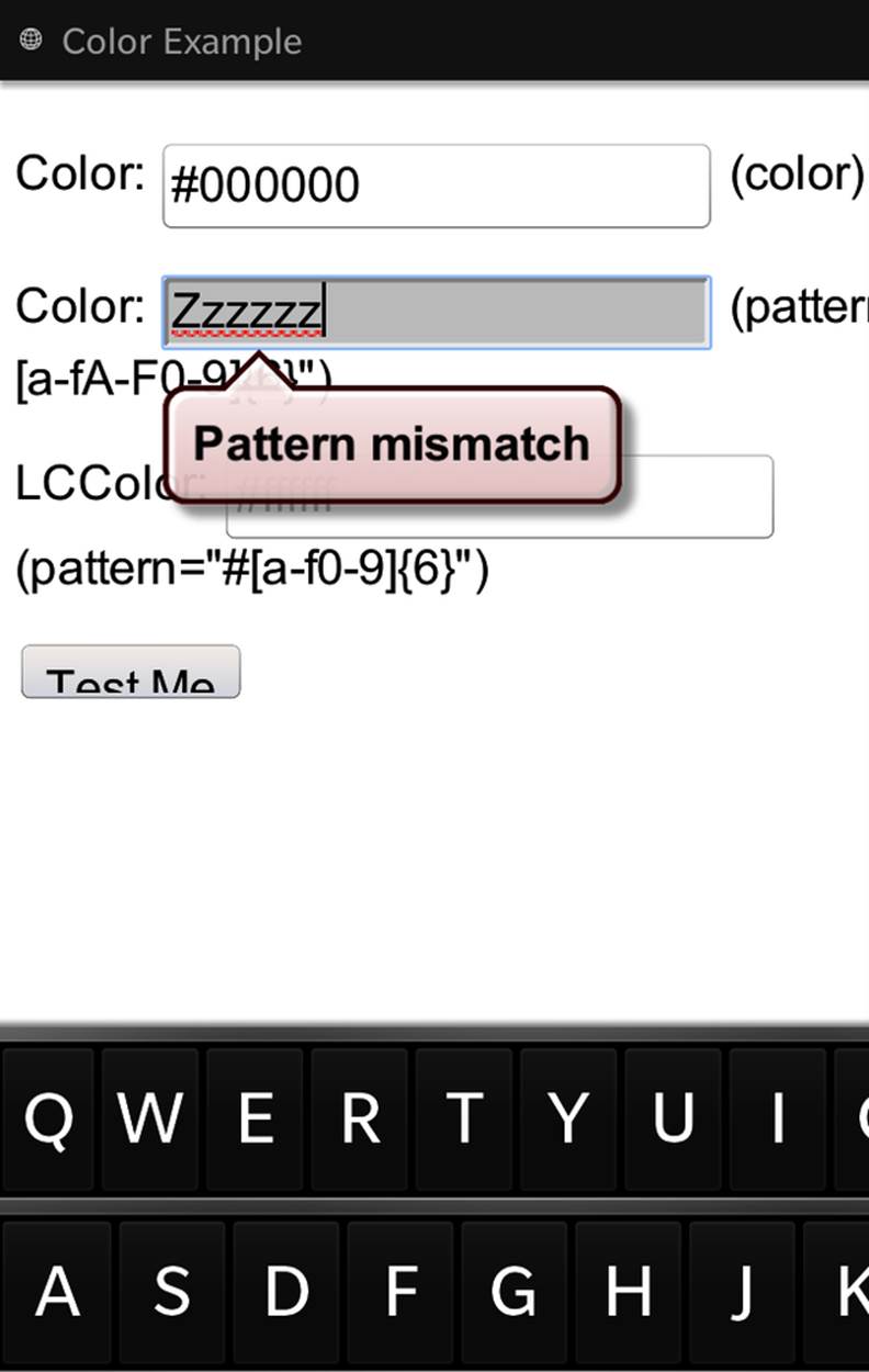 Native validation displays an error message when a pattern mismatch occurs (BlackBerry 10)