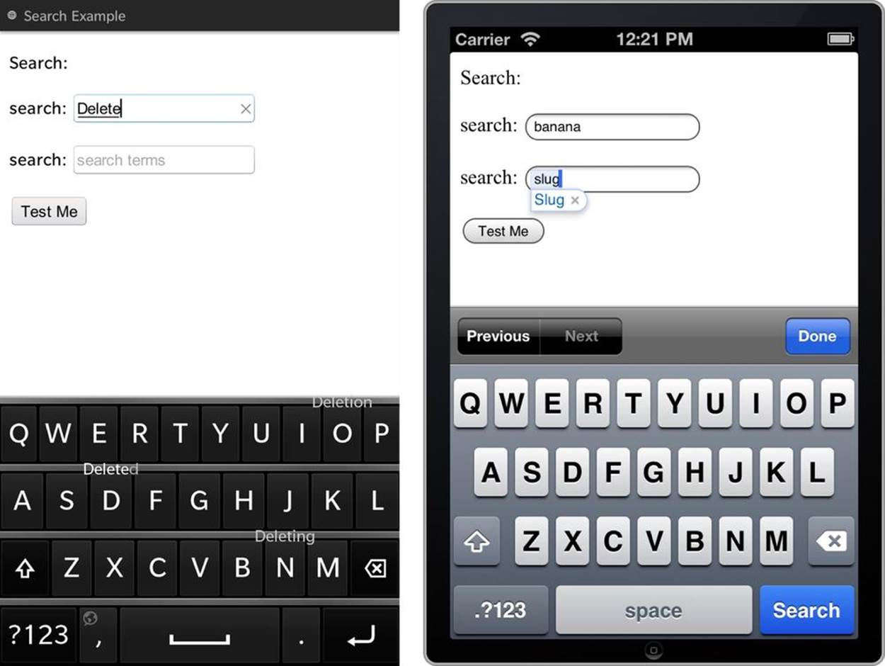 The search input type on Blackberry 10 (note the delete icon in the filled out search field) and iOS 6.1 (note the “search” key)