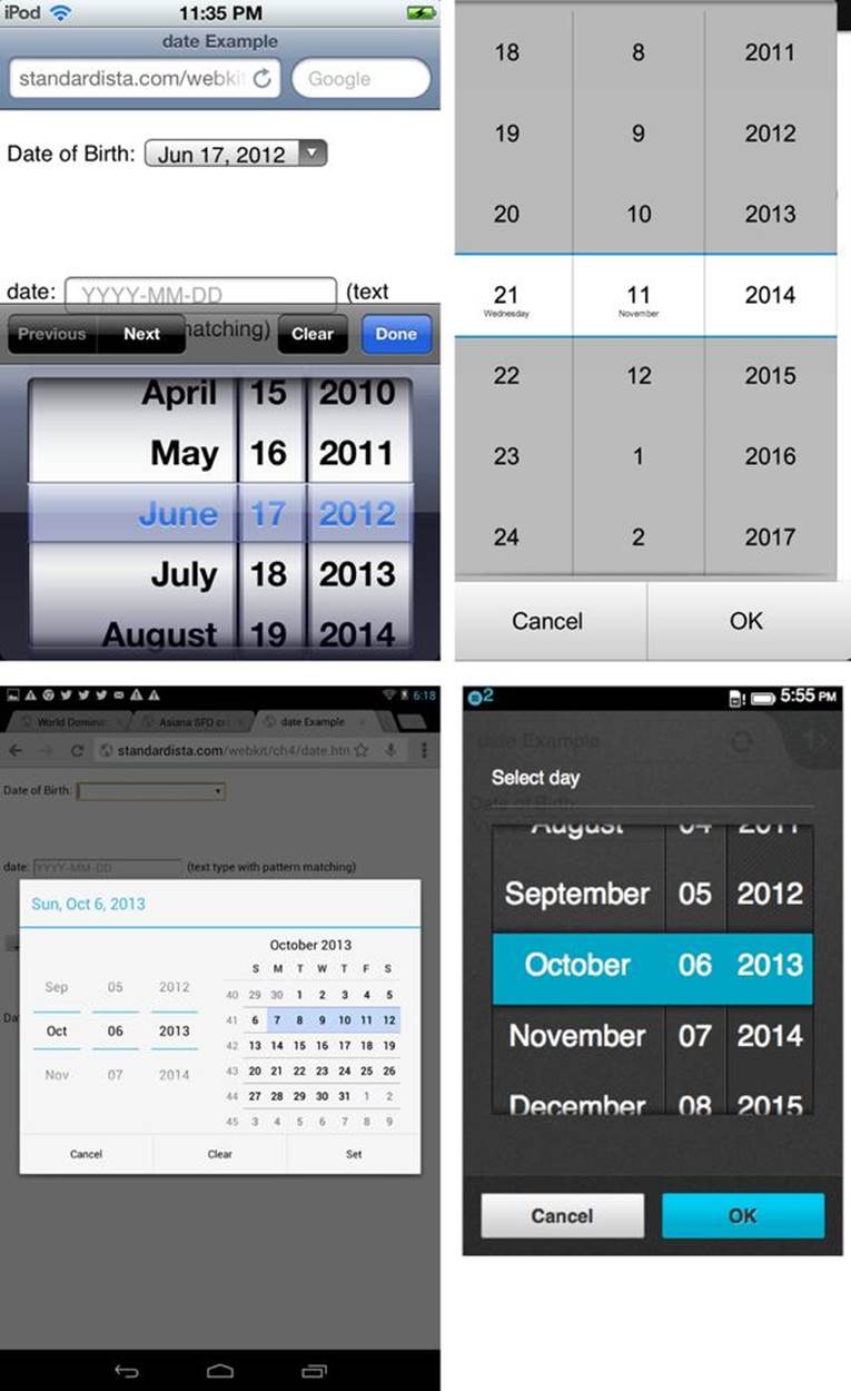 The date picker that appears on iOS, BlackBerry, Android, and Firefox OS when the input of date type receives focus
