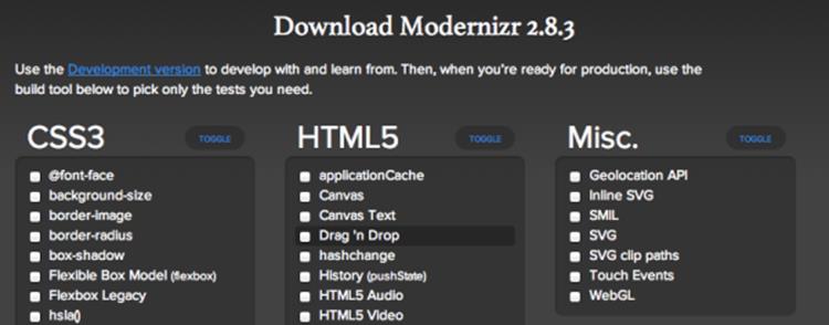 Modernizr’s download page prompt