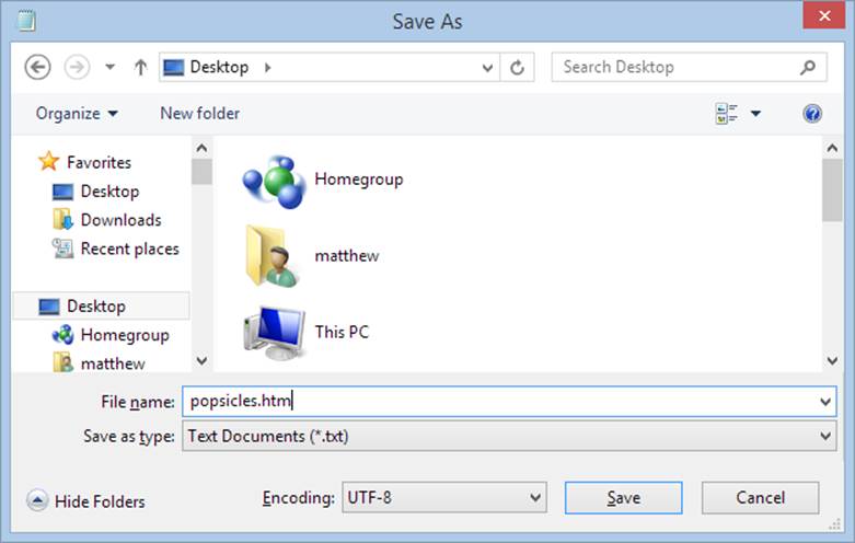 Whether you use Notepad (shown here) or TextEdit, there’s nothing tricky about saving your file. Just make sure to include “.htm” or “.html” at the end of the filename to identify it as an HTML document