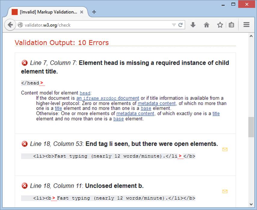 In this file, the validator has discovered 10 errors that stem from two mistakes. First, the page is missing the mandatory <title> element. Second, it closes the <li> element before closing the <b> element nested inside. (To solve this problem, you would replace </li></b> with </b> </li>.) Incidentally, this file is still close enough to correct that browsers can display it correctly