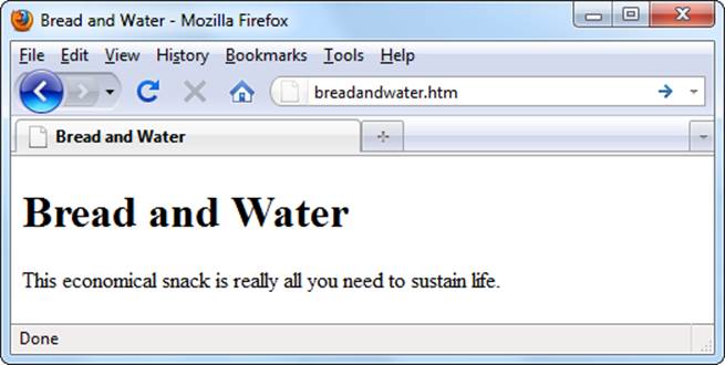 HTML separates block elements by a distance of approximately one and a half lines (in this figure, that’s the space between “Bread and Water” and the sentence below it)
