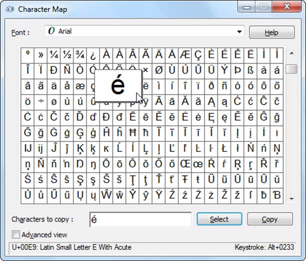 Charmap gives you a comprehensive list of special characters you can copy and paste into any program. Just double-click the character you want, and then click the Copy button. When you paste the character into another program, you get the actual character, Unicode-style, not the cryptic character entity