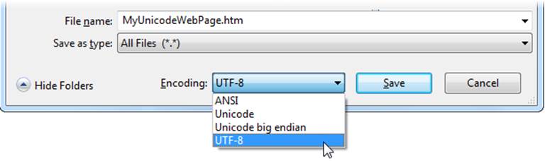The overwhelming standard of the Web, UTF-8 is a slimmed-down version of Unicode. However, you need to explicitly tell Notepad to use UTF-8 encoding when you save a web page that includes special characters, like accented letters