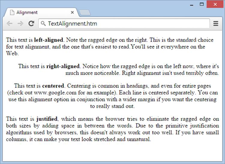 This page shows common types of text alignment