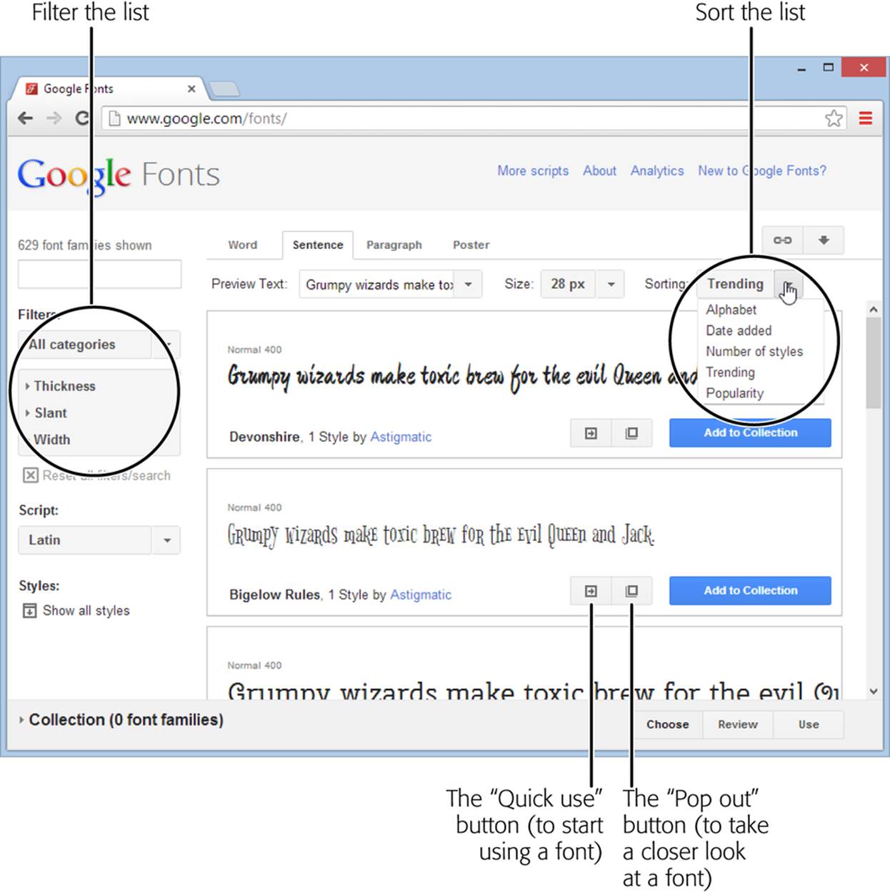 Google Fonts offers a relentlessly expanding selection of typefaces. When you look for a font, you probably want to tweak the font list’s sorting and filtering options (circled). For example, you can sort alphabetically or put the most popular fonts first, and you can pare the results to just serif, sans-serif, or handwritten (cursive) fonts