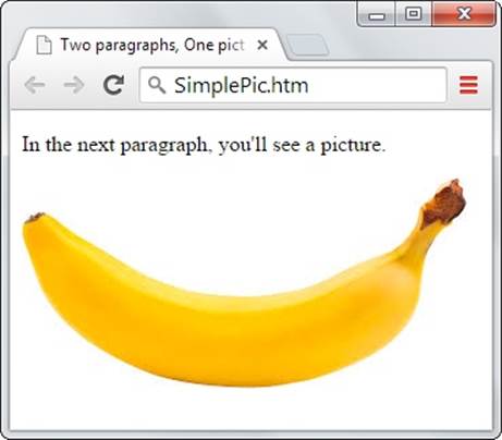 One <img> element is all it takes to summon the banana.jpg picture and inject it into this SimplePic.htm web page