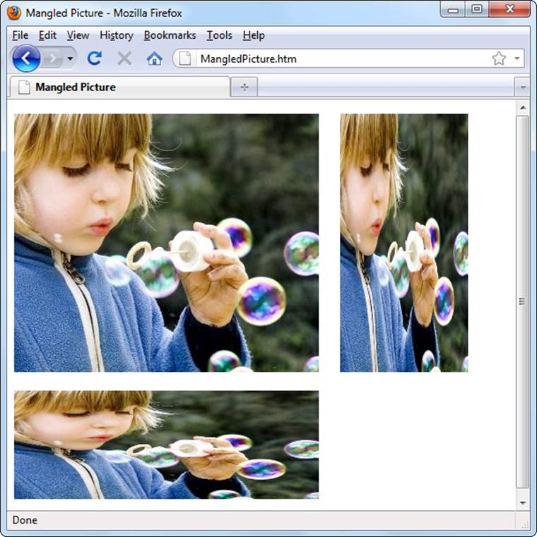 Never use HTML’s height and width attributes to resize a picture, because the results are almost always unsatisfying. Enlarged pictures are jagged, shrunken pictures are blurry, and if you change the ratio of height to width (as with the top-right and bottom images shown here), browsers squash pictures out of their normal proportions (top left)