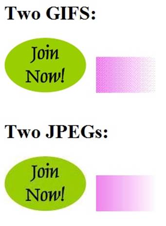 JPEGs and GIFs are the original image formats of the Web. You’ll notice that GIFs produce clearer text, while JPEGs do a much better job of handling continuous bands of color. GIFs simulate extra colors through dithering, a process that mixes different colored dots to simulate a solid color. The results are unmistakably unprofessional. (You may not be able to see the reduced text quality in this black-and-white screen capture, but if you take a look at the file JPEGvsGIF.htm from the companion site, you’ll see the difference up close.) For this reason, the PNG standard has largely replaced the GIF standard
