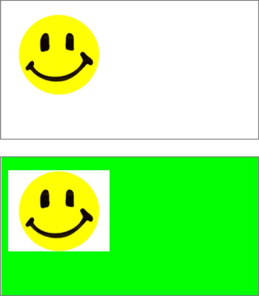 Top: When you place this smiley-face picture on a page with a white background, it blends right in.Bottom: With a non-white background, the white box around your picture is glaringly obvious