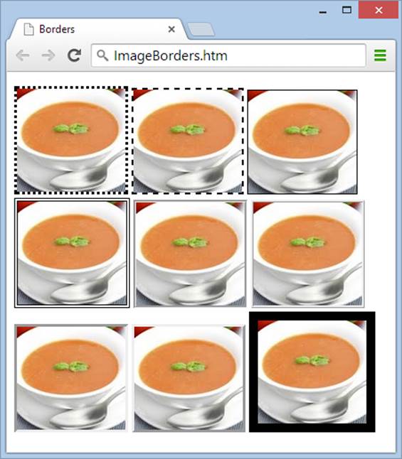 This example shows several inline images in a row, separated from one another with a single space. Each image sports a different border. The browser fits all the pictures it can on the same line. When it reaches the right edge of the browser window, it wraps the pictures to the next line. If you resize the window, the arrangement of the pictures changes